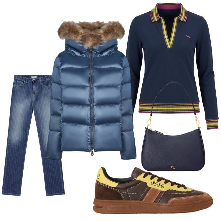 Outfit donna - Stile urban. Stile Casual per Tutti i giorni. Abbinamento con polo, jeans, piumini, sneakers, borse a spalla.