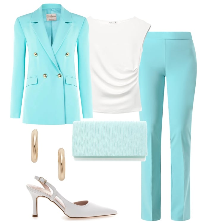 Outfit donna - Primavera. Stile Chic per Cerimonia. Abbinamento con top, pantaloni, blazer, orecchini, décolleté, pochette.