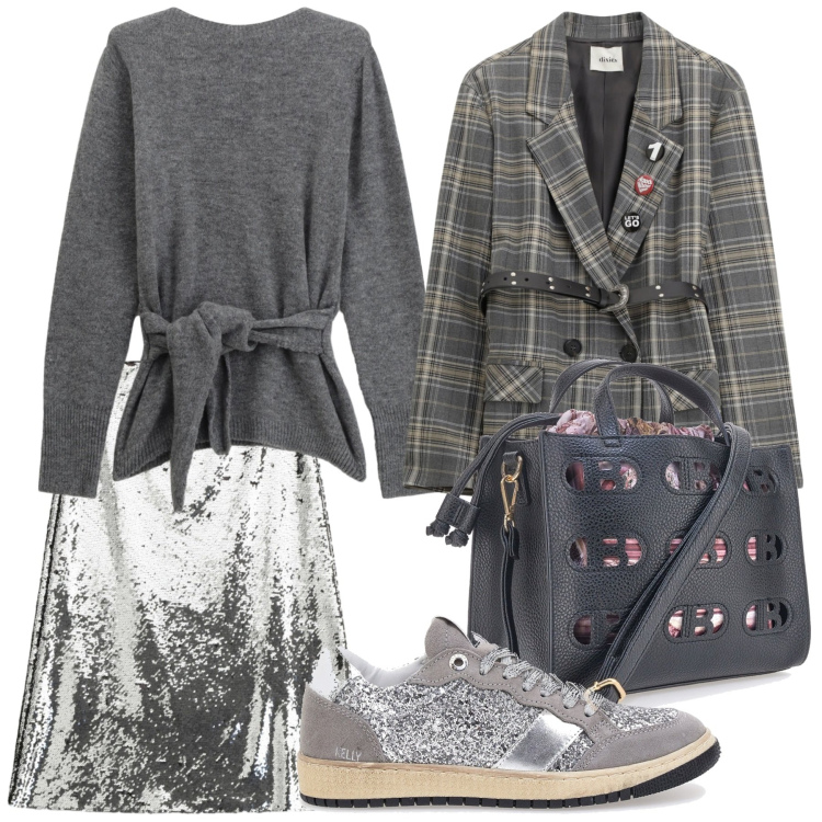 Outfit donna - Look. Stile Casual per Tutti i giorni. Abbinamento con maglieria, blazer, gonne longuette, borse a mano, sneakers.