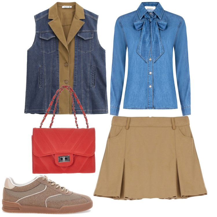 Outfit donna - City. Stile Casual chic per Tutti i giorni. Abbinamento con minigonne, gilet, camicie, borse a tracolla, sneakers.