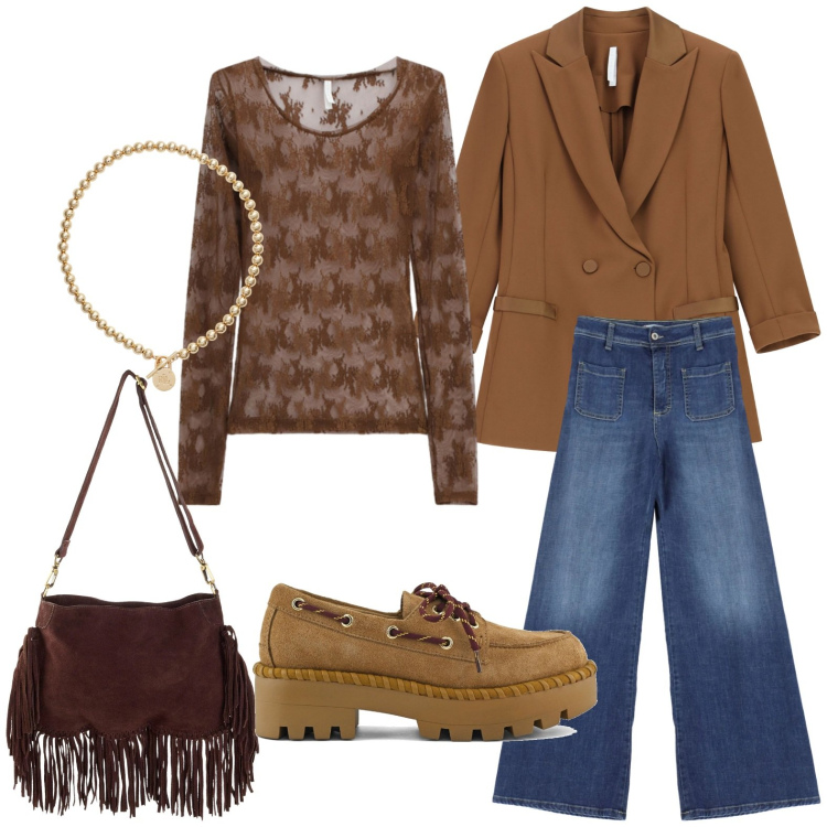 Outfit donna - Blazer di primavera. Stile Minimal per Tutti i giorni. Abbinamento con borse a tracolla, top, blazer, jeans, collane, mocassini.