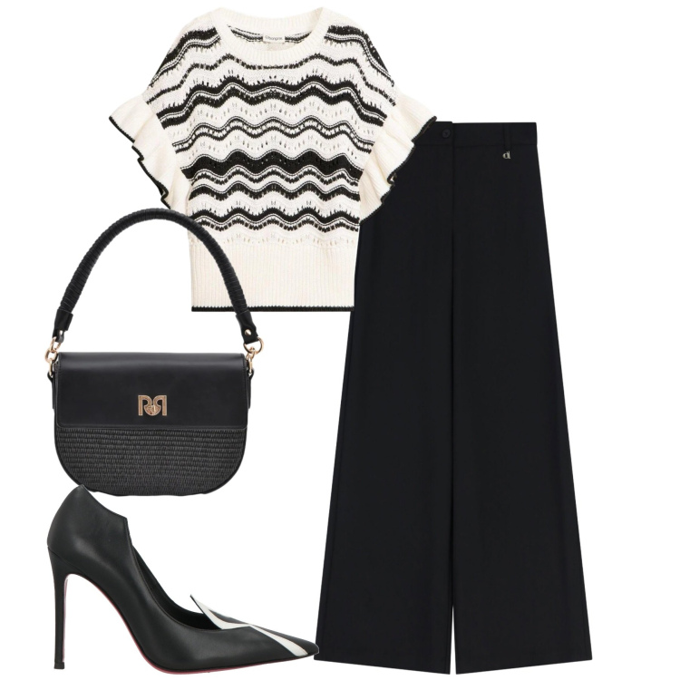 Outfit donna - City. Stile Urban per Tutti i giorni. Abbinamento con décolleté, t-shirt, borse a spalla, pantaloni a palazzo.