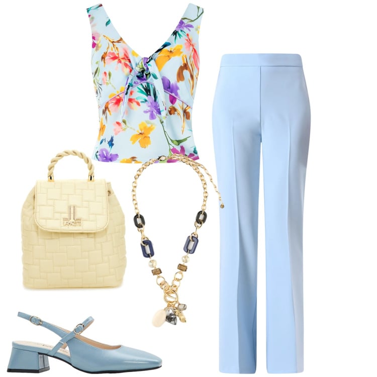 Outfit donna - City. Stile Romantica per Tutti i giorni. Abbinamento con décolleté, collane, pantaloni, top, zaini.