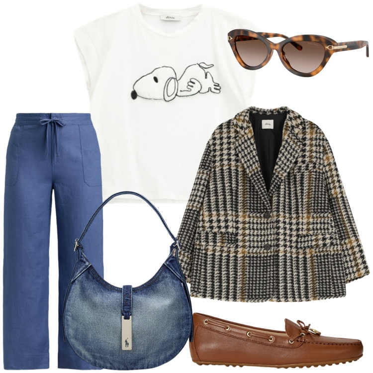 Outfit donna - Gorpcore Metropolitano. Stile Minimal per Tutti i giorni. Abbinamento con blazer, t-shirt, borse a spalla, mocassini, occhiali da sole, pantaloni.