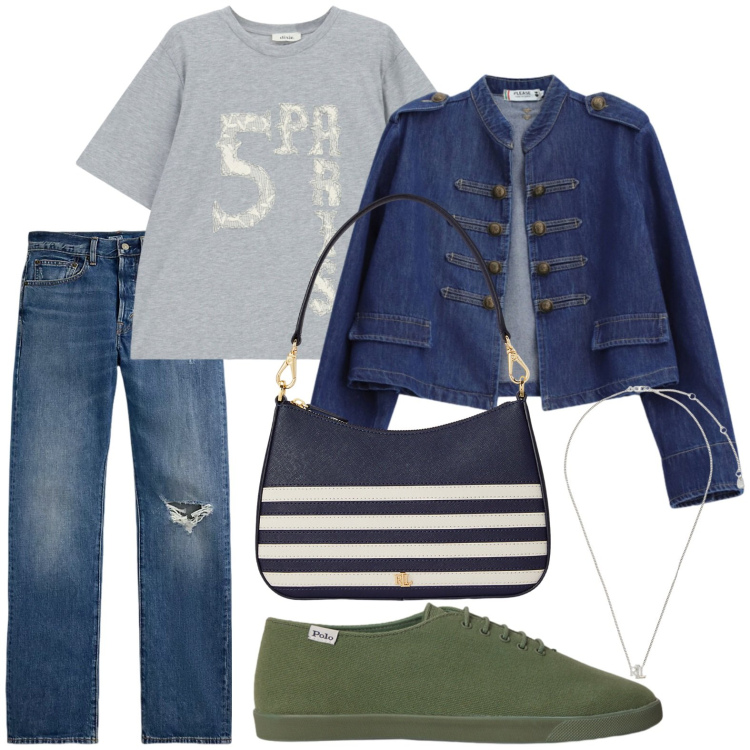 Outfit donna - Blazer di primavera. Stile Minimal per Tutti i giorni. Abbinamento con t-shirt, blazer, jeans dritti, ciondoli, borse a spalla, sneakers.