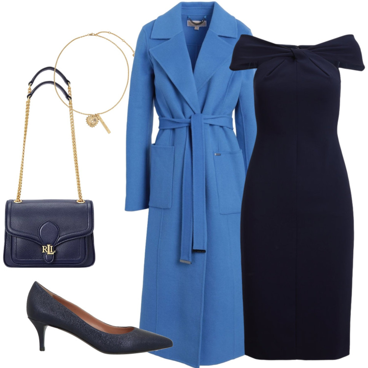 Outfit donna - Il blu. Stile Bon Ton per Serata fuori. Abbinamento con cappotti, décolleté, borse a spalla, vestiti, ciondoli.