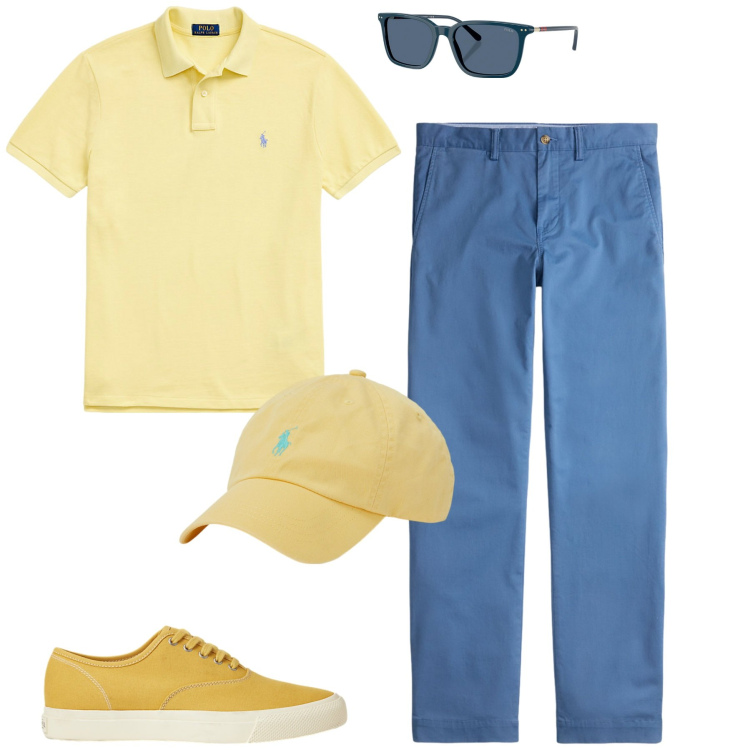 Outfit uomo - Marzo. Stile Urban per Tutti i giorni. Abbinamento con occhiali da sole, polo, sneakers, cappelli, pantaloni chino.