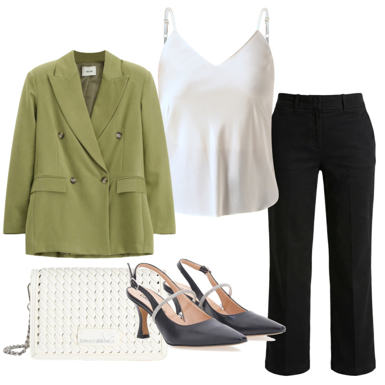 Outfit donna - Total look #2349495. Stile Casual chic per Serata fuori. Abbinamento con pantaloni, borse a tracolla, blazer, top, décolleté.