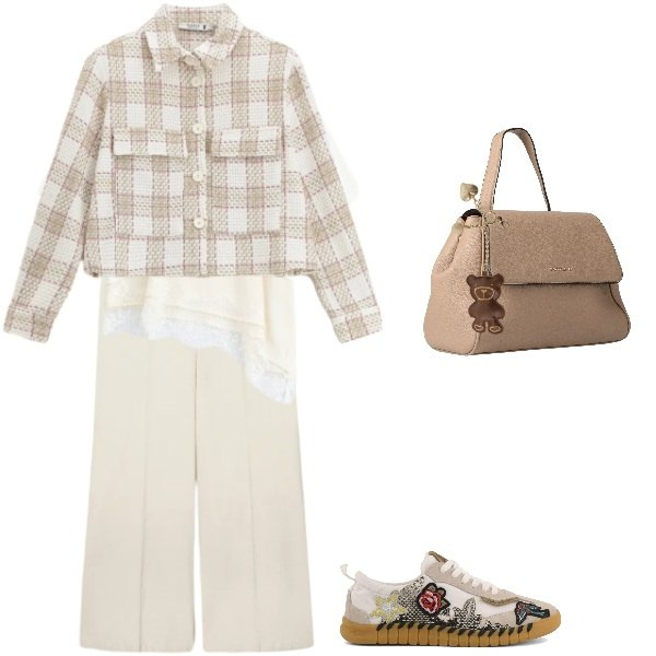 Outfit donna - Tempo libero con stile. Stile Casual chic per Ufficio. Abbinamento con zaini, pantaloni chino, t-shirt, portachiavi, cappotti, sneakers.