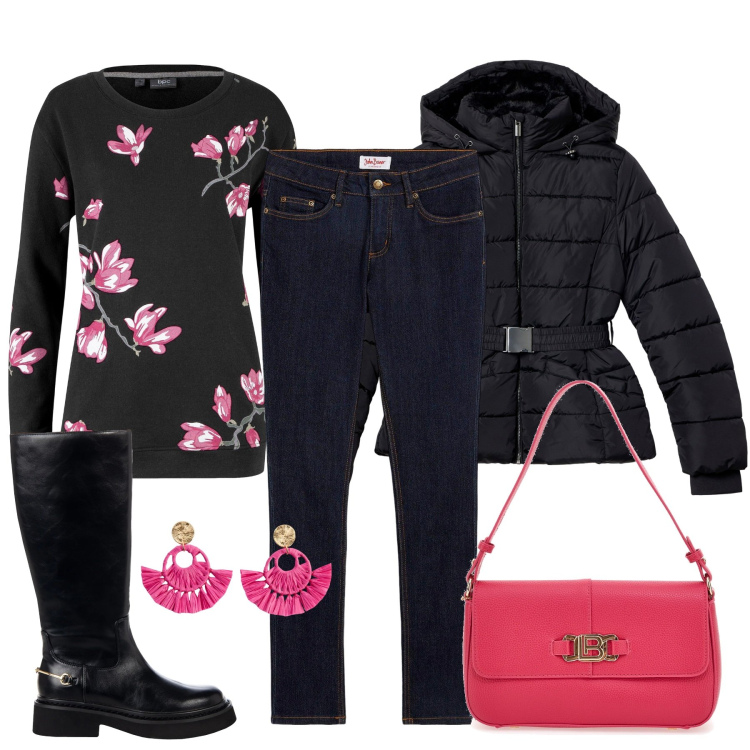 Outfit donna - Sfumature di rosa. Stile Casual chic per Tutti i giorni. Abbinamento con felpe, jeans skinny, orecchini, piumini, stivali sopra il ginocchio, borse a spalla.