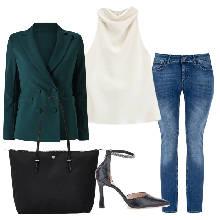 Outfit donna - Total look #2349498. Stile Casual chic per Serata fuori. Abbinamento con top, blazer, jeans skinny, borse tote, décolleté.