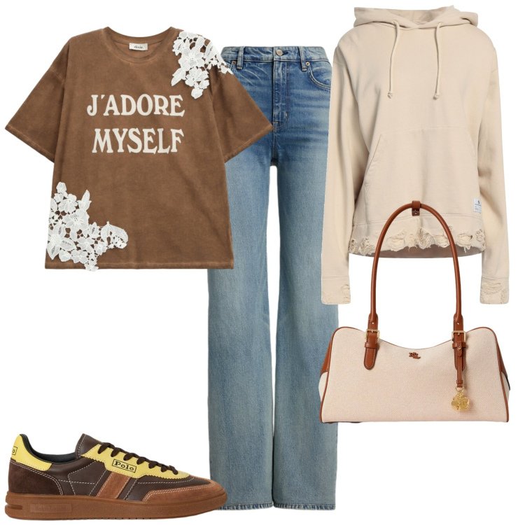 Outfit donna - Marzo. Stile Casual chic per Tutti i giorni. Abbinamento con felpe con cappuccio, t-shirt, jeans, sneakers, borse a mano.