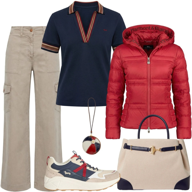 Outfit donna - La polo originale e sofisticata. Stile Sporty chic per Tutti i giorni. Abbinamento con pantaloni cargo, piumini, sneakers, polo, portachiavi, borse a mano.