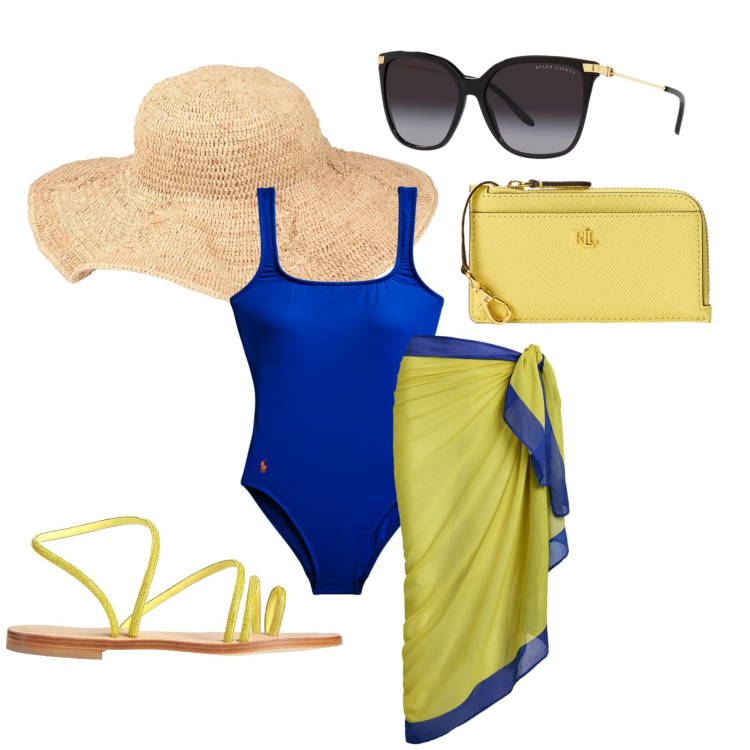 Outfit donna - Moda mare. Stile Glamour per Mare. Abbinamento con cappelli, ciabatte, occhiali da sole, vestiti da spiaggia, costumi interi, portafogli.