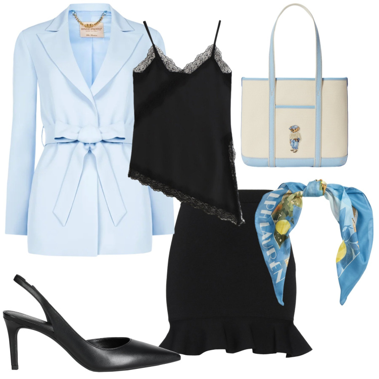 Outfit donna - Blazer di primavera. Stile Casual chic per Tutti i giorni. Abbinamento con minigonne, décolleté, canottiere, blazer, foulard, borse tote.