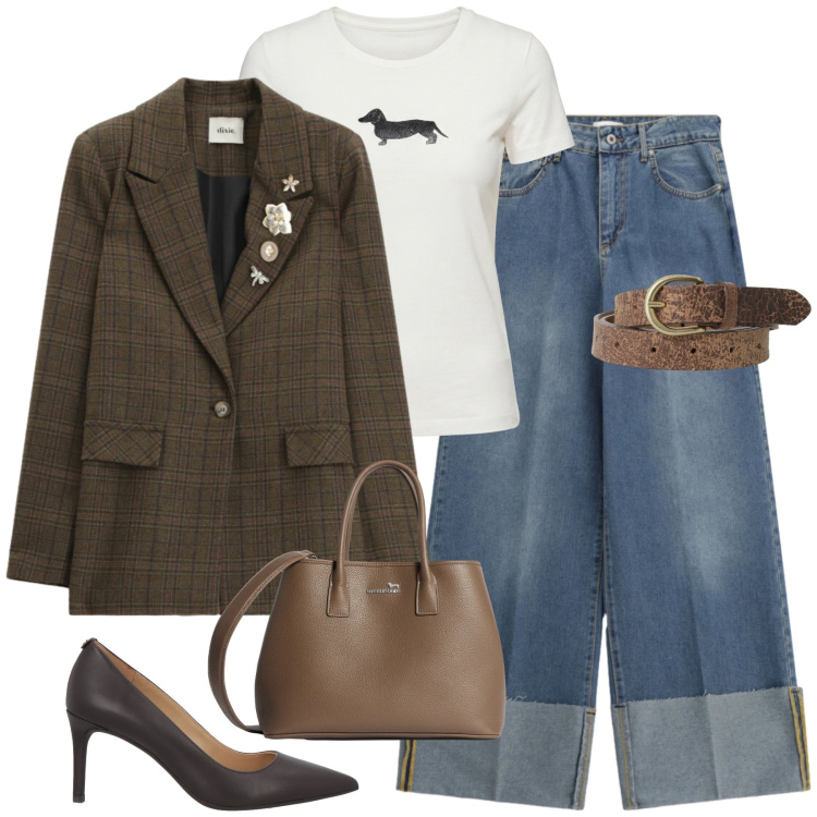 Outfit donna - Casual ma sempr chic. Stile Casual chic per Tutti i giorni. Abbinamento con décolleté, t-shirt, borse a tracolla, jeans, blazer, cinture.
