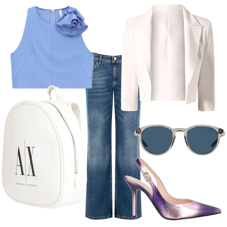 Outfit donna - Forever denim. Stile Casual chic per Tutti i giorni. Abbinamento con décolleté, zaini, top, blazer, jeans, occhiali da sole.