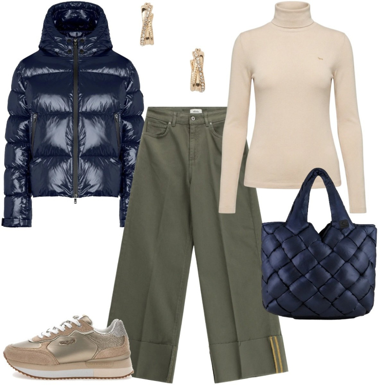 Outfit donna - Total look #2349514. Stile Casual per Tutti i giorni. Abbinamento con maglieria, pantaloni a palazzo, borse tote, piumini, orecchini, sneakers.