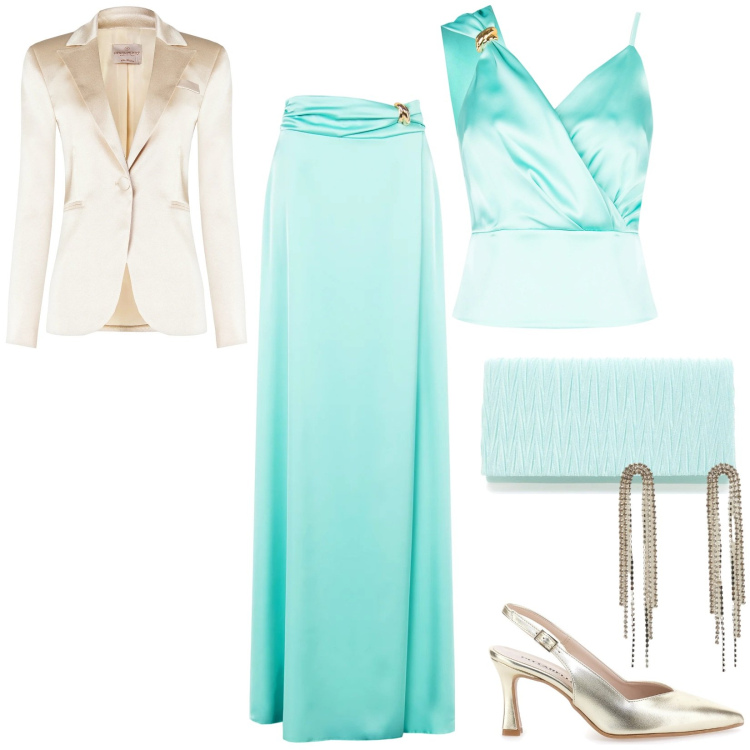 Outfit donna - Glamour alla cerimonia. Stile Glamour per Cerimonia. Abbinamento con orecchini, top, gonne, blazer, décolleté, pochette.