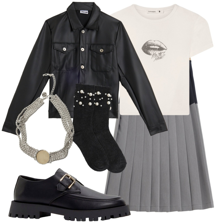 Outfit donna - Gonna a pieghe. Stile Urban per Scuola/Università. Abbinamento con mocassini, t-shirt, gonne longuette, calzini, collane, giacche.