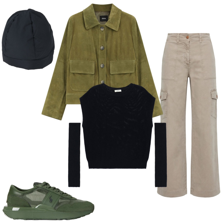 Outfit donna - Urban Suede Explorer. Stile Urban per Tutti i giorni. Abbinamento con cappelli, pantaloni cargo, giacche, top, sneakers.