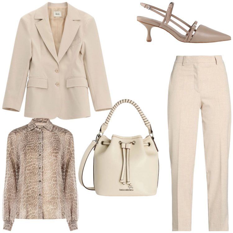 Outfit donna - Look raffinato. Stile Chic per Tutti i giorni. Abbinamento con pantaloni, décolleté, borse a secchiello, blazer, camicie.