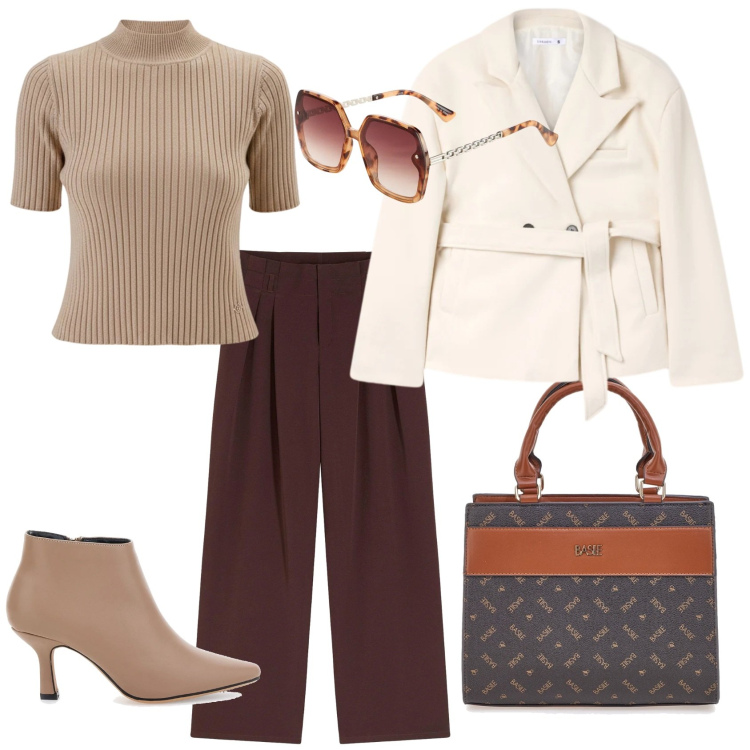 Outfit donna - Un outfit per l\'ufficio. Stile Glamour per Tutti i giorni. Abbinamento con pantaloni, occhiali da sole, blazer, pullovers, borse a mano, stivaletti.