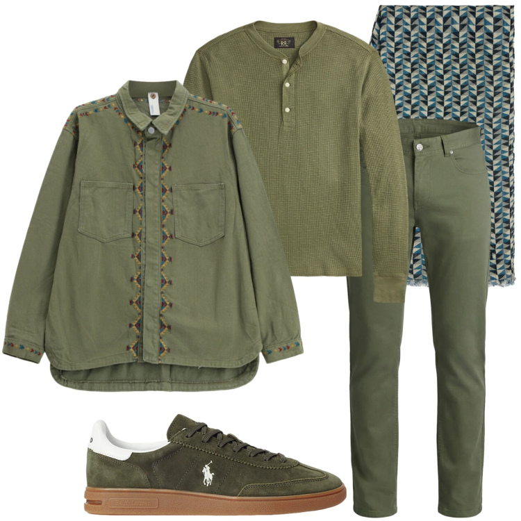 Outfit uomo - Verde di stagione. Stile Trendy per Tutti i giorni. Abbinamento con pantaloni, sciarpe, camicie, sneakers, t-shirt.