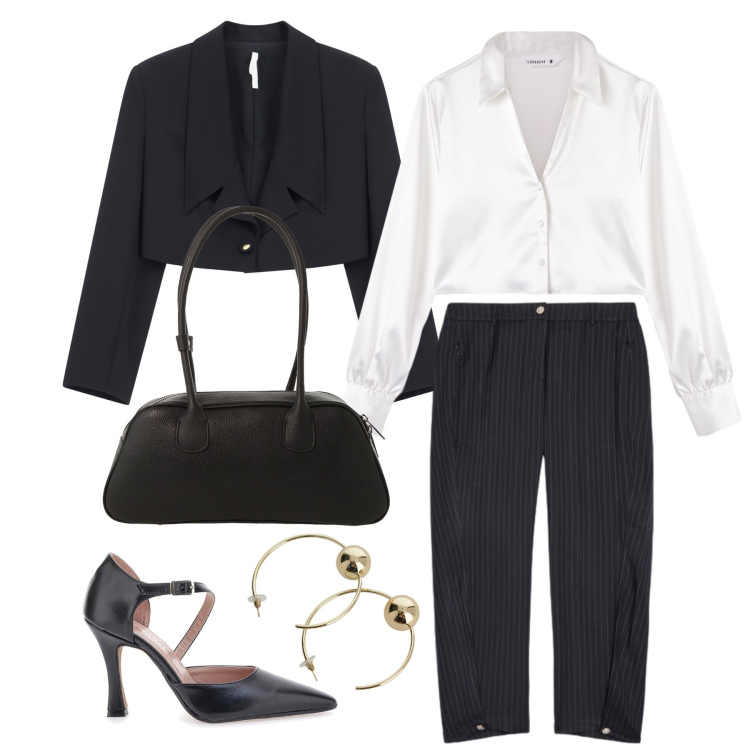 Outfit donna - Marzo. Stile Chic per Cerimonia. Abbinamento con pantaloni, camicie, blazer, borse a mano, orecchini, décolleté.