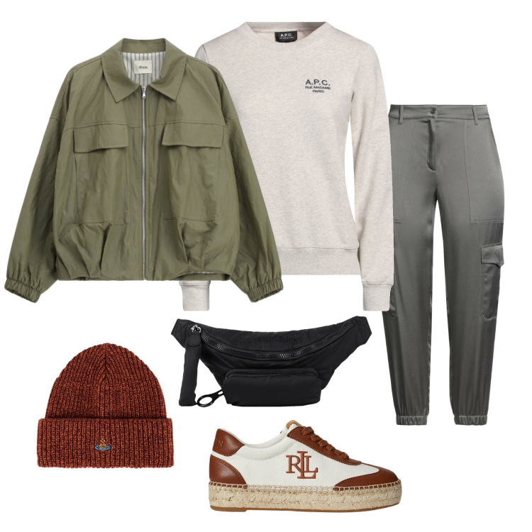 Outfit donna - Urban Tech-Glow. Stile Urban per Tutti i giorni. Abbinamento con marsupi, pantaloni cargo, cappelli, felpe, bomber, sneakers.