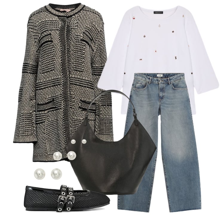 Outfit donna - Marzo. Stile Casual chic per Tutti i giorni. Abbinamento con cappotti, t-shirt, jeans, borse a spalla, orecchini, ballerine.