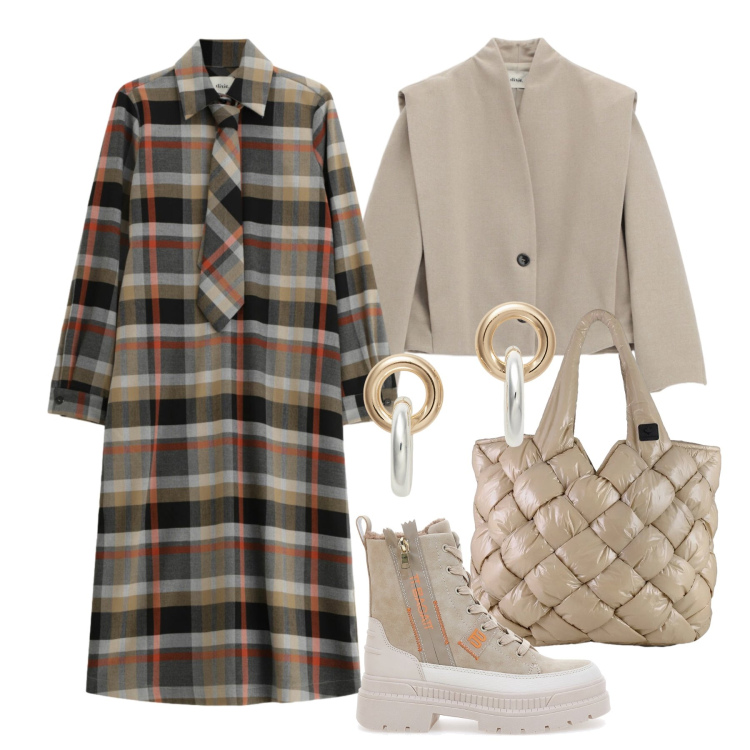 Outfit donna - Marzo. Stile Trendy per Tutti i giorni. Abbinamento con vestiti midi/longuette, blazer, borse tote, orecchini, anfibi.