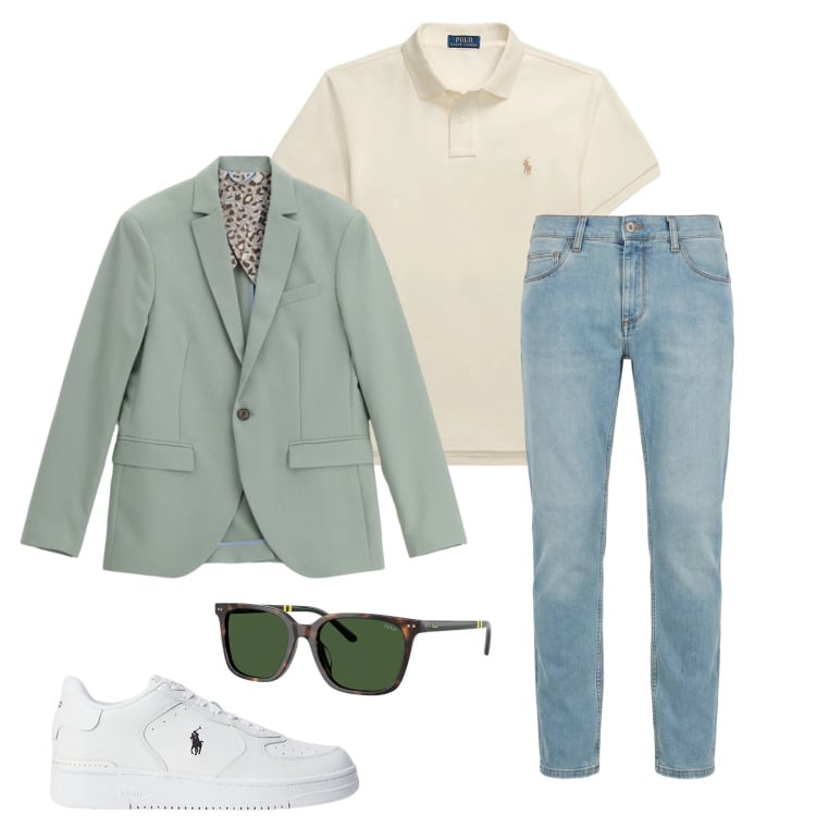 Outfit uomo - Minty Fresh: Urban Spring. Stile Casual per Tutti i giorni. Abbinamento con jeans slim fit, giacche, sneakers, polo, occhiali da sole.