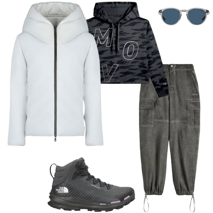 Outfit donna - Gorpgore metropolitano. Stile Urban per Tutti i giorni. Abbinamento con stivaletti, felpe, pantaloni cargo, eskimo, occhiali da sole.