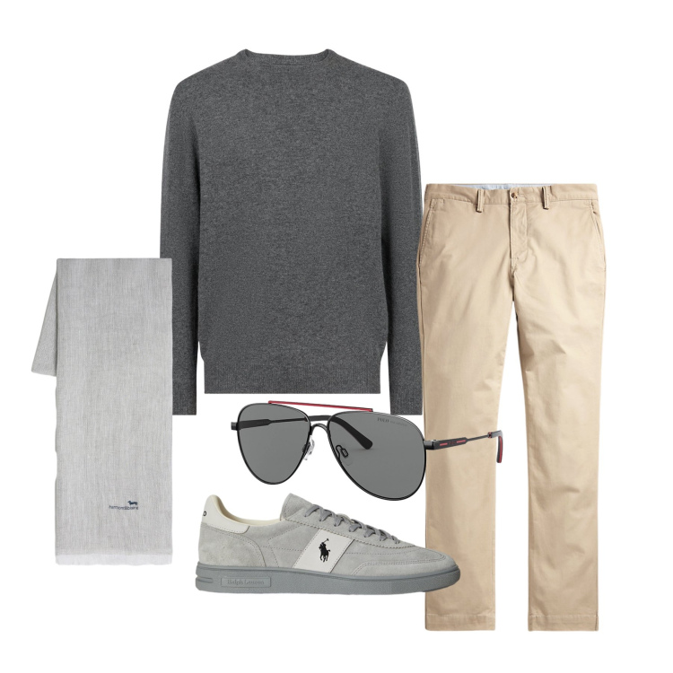 Outfit uomo - Marzo. Stile Casual per Tutti i giorni. Abbinamento con sciarpe, pantaloni, sneakers, occhiali da sole, maglieria.