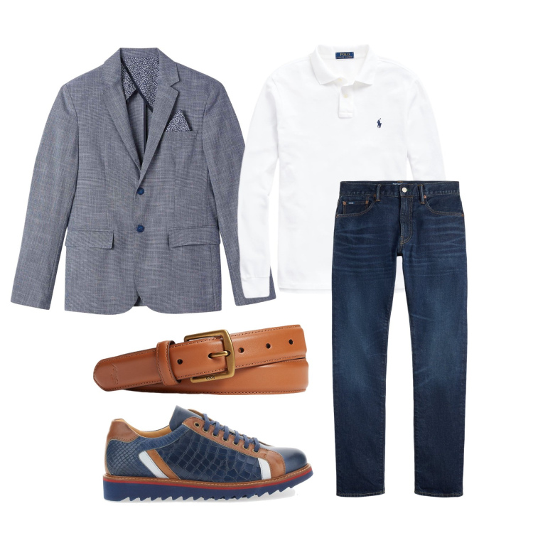 Outfit uomo - Marzo. Stile Trendy per Tutti i giorni. Abbinamento con giacche, cinture, jeans, polo, scarpe stringate.