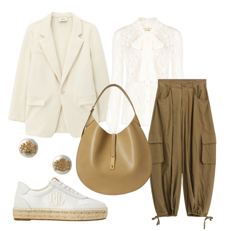 Outfit donna - Marzo. Stile Casual chic per Tutti i giorni. Abbinamento con pantaloni, blazer, camicie, orecchini, sneakers, borse a spalla.