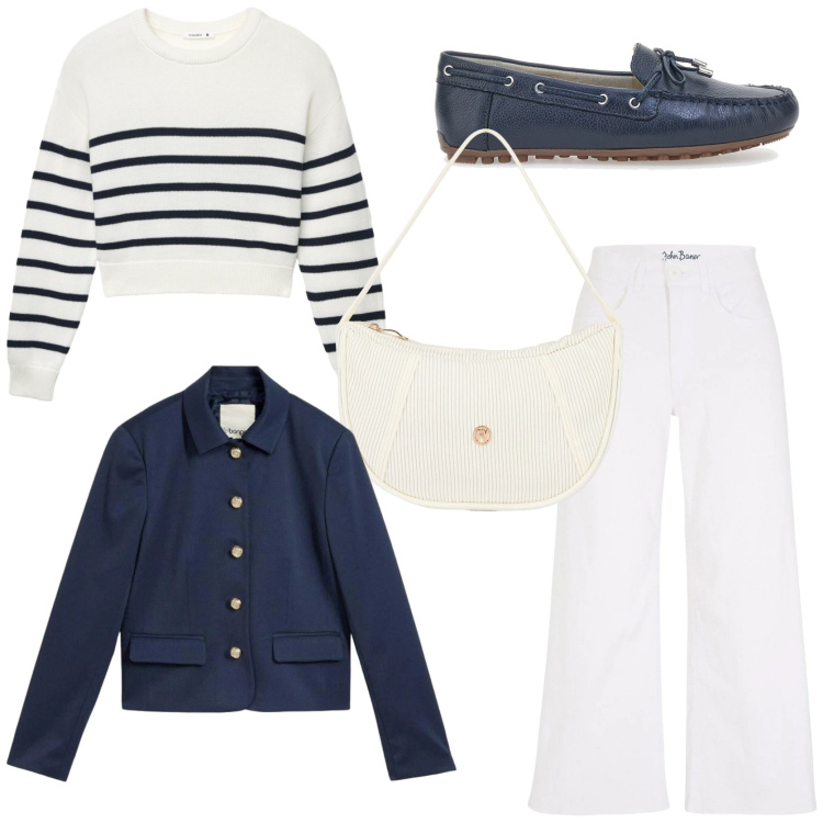 Outfit donna - Stile marinier. Stile Casual chic per Tutti i giorni. Abbinamento con jeans, blazer, maglieria, borse a mano, mocassini.