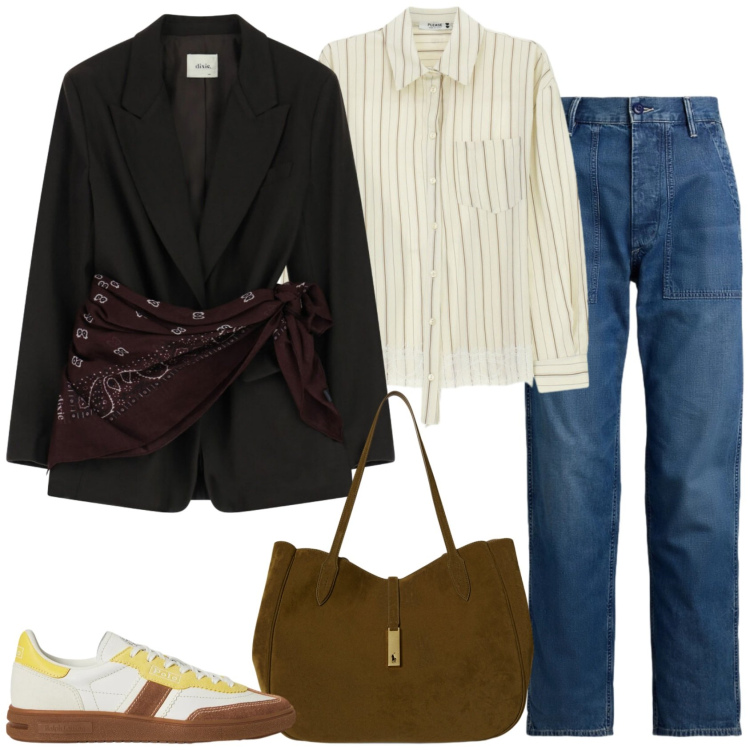 Outfit donna - Il blazer particolare. Stile Casual per Ufficio. Abbinamento con blazer, camicie, jeans, borse tote, sneakers.