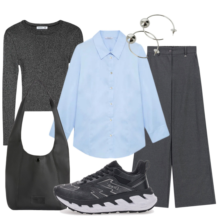 Outfit donna - Dinamica e contemporanea. Stile Casual per Tutti i giorni. Abbinamento con camicie, maglieria, borse a spalla, pantaloni a palazzo, orecchini, sneakers.