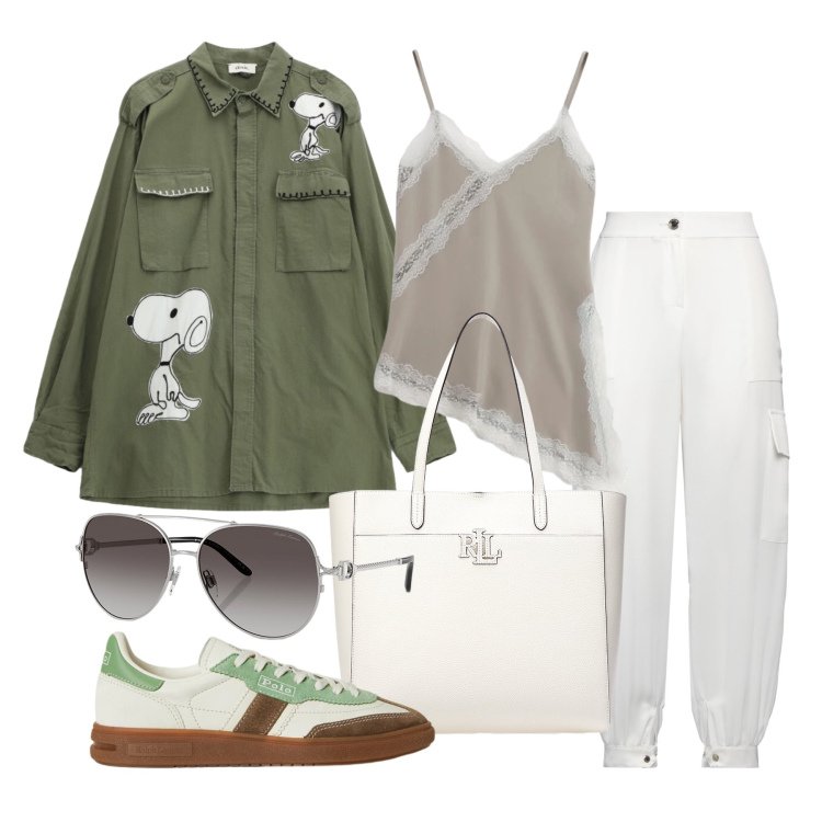 Outfit donna - Marzo. Stile Sporty chic per Tutti i giorni. Abbinamento con pantaloni cargo, canottiere, camicie, occhiali da sole, borse tote, sneakers.
