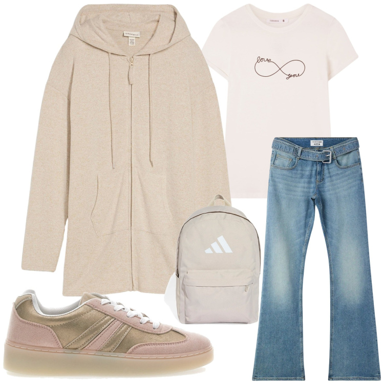 Outfit donna - Casual Chic Minimal. Stile Minimal per Tutti i giorni. Abbinamento con cardigans, cinture, jeans a zampa, t-shirt, zaini, sneakers.