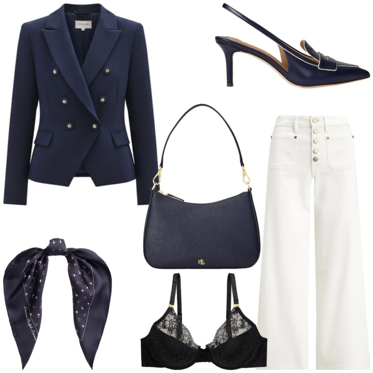 Outfit donna - Un blazer must have nell\' armadio. Stile Casual chic per Tutti i giorni. Abbinamento con blazer, borse a spalla, reggiseni, décolleté, foulard, jeans.