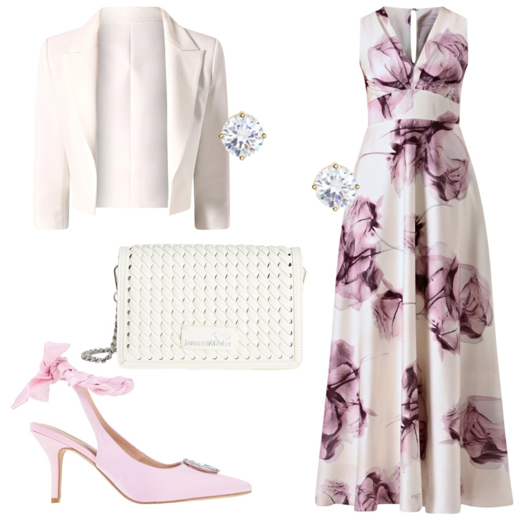 Outfit donna - Cerimonia a fiori. Stile Romantica per Cerimonia. Abbinamento con décolleté, borse a tracolla, blazer, vestiti lunghi, orecchini.