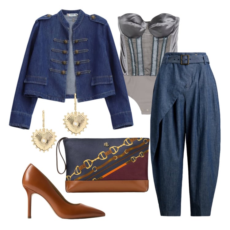 Outfit donna - Marzo. Stile Trendy per Tutti i giorni. Abbinamento con body, blazer, pantaloni, pochette, orecchini, décolleté.