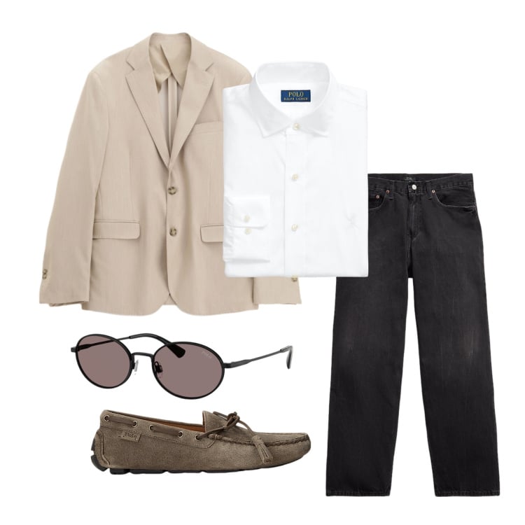 Outfit uomo - Marzo. Stile Casual per Tutti i giorni. Abbinamento con giacche, camicie, jeans, scarpe stringate, occhiali da sole.