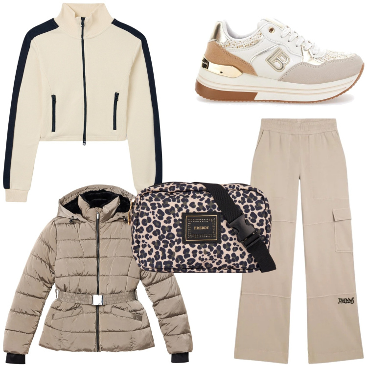 Outfit donna - Urban gorpcore. Stile Casual per Tutti i giorni. Abbinamento con felpe, piumini, marsupi, pantaloni cargo, sneakers.