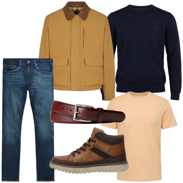 Outfit uomo - Layering urban. Stile Urban per Tutti i giorni. Abbinamento con t-shirt, pullovers, piumini, cinture, jeans, anfibi.