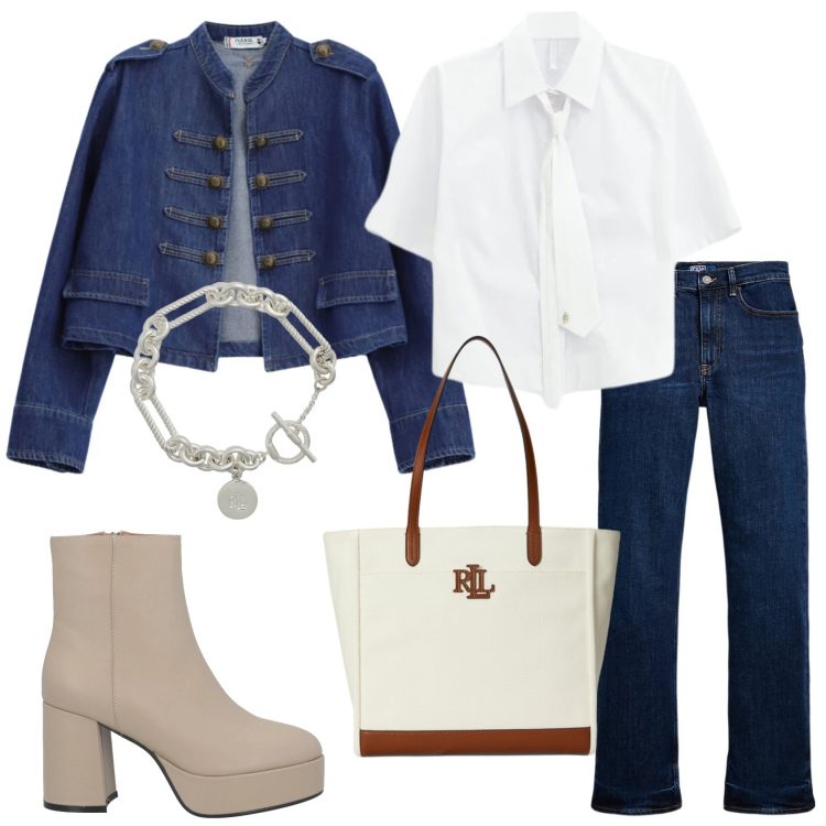 Outfit donna - Tendenza denim. Stile Trendy per Tutti i giorni. Abbinamento con stivaletti, camicie a manica corta, blazer, braccialetti, jeans dritti, borse tote.