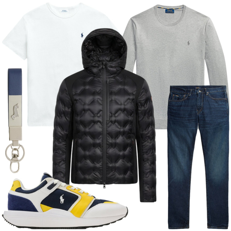 Outfit uomo - Minimal di classe. Stile Casual per Tutti i giorni. Abbinamento con portachiavi, piumini, maglieria, jeans, t-shirt, sneakers.